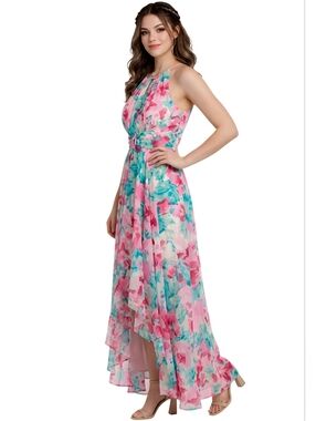 R&M Richards Pink & Jade Keyhole Halter Neck Layered Chiffon Maxi Dress Size 14